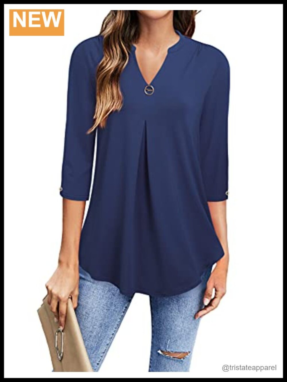 3/4 Sleeve Tunic Top V-Neck Blouse Silky Polyester Spandex